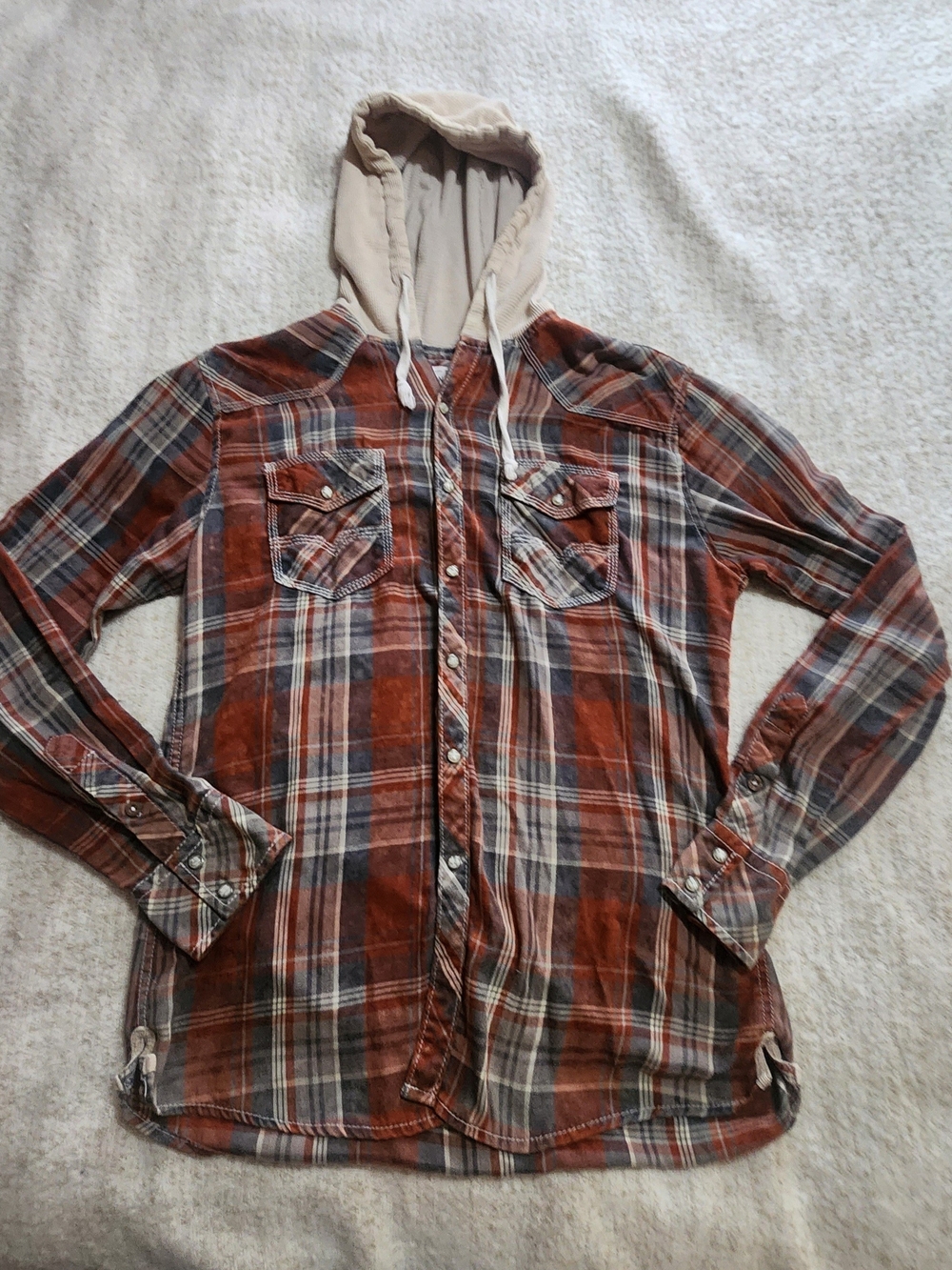 BKE Vintage Men's Cotton Brushed Plaid Athletic Hooded Shirt in Rust/Brown MED